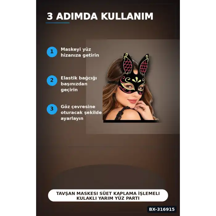 Tavşan Maskesi Süet Kaplama İşlemeli Kulaklı Yarım Yüz Parti Aksesuarı BX-316915
