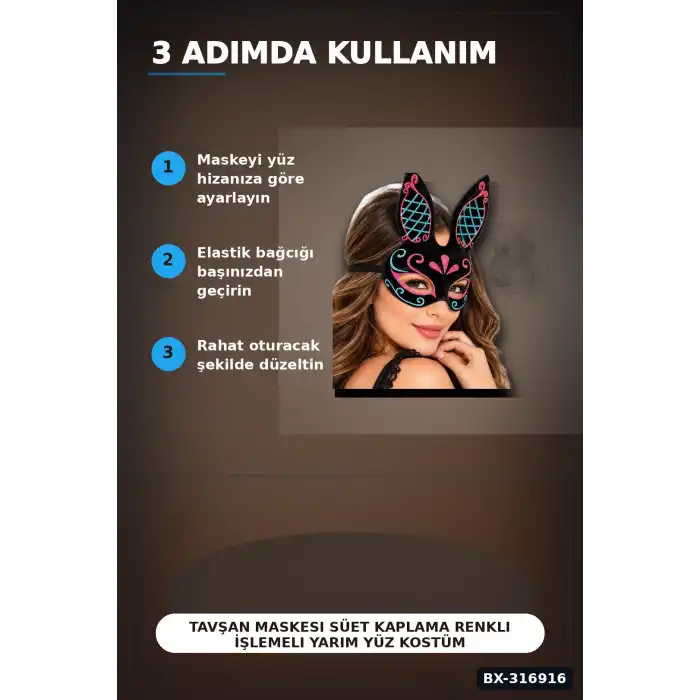 Tavşan Maskesi Süet Kaplama Renkli İşlemeli Yarım Yüz Kostüm Parti Balo Aksesuarı BX-316916