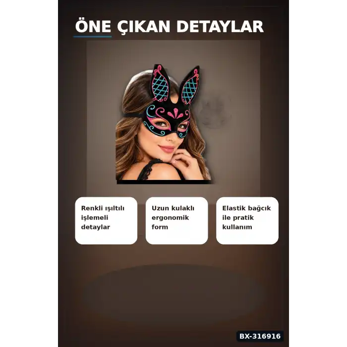 Tavşan Maskesi Süet Kaplama Renkli İşlemeli Yarım Yüz Kostüm Parti Balo Aksesuarı BX-316916