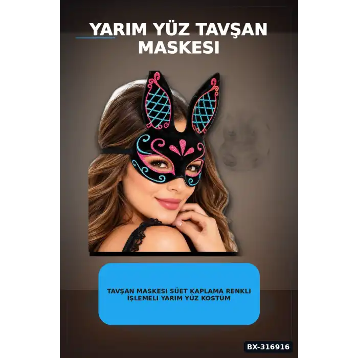 Tavşan Maskesi Süet Kaplama Renkli İşlemeli Yarım Yüz Kostüm Parti Balo Aksesuarı BX-316916
