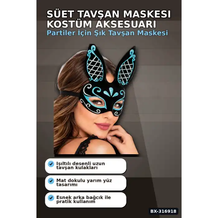 Tavşan Maskesi Süet Kaplama İşlemeli - Balo ve Parti İçin Kostüm Aksesuarı BX-316918