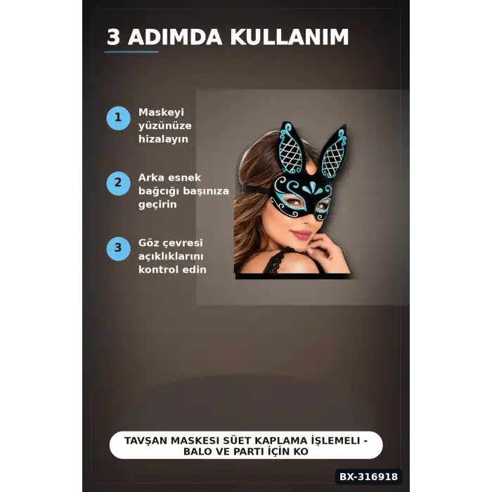 Tavşan Maskesi Süet Kaplama İşlemeli - Balo ve Parti İçin Kostüm Aksesuarı BX-316918