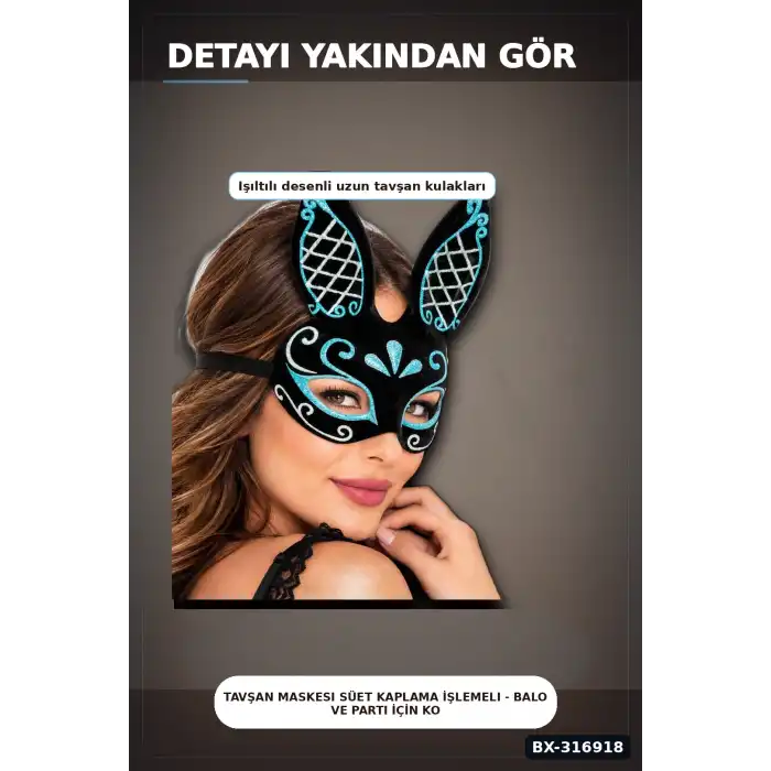 Tavşan Maskesi Süet Kaplama İşlemeli - Balo ve Parti İçin Kostüm Aksesuarı BX-316918