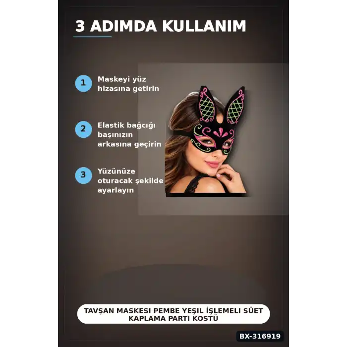 Tavşan Maskesi Pembe Yeşil İşlemeli Süet Kaplama Parti Kostüm Aksesuarı BX-316919