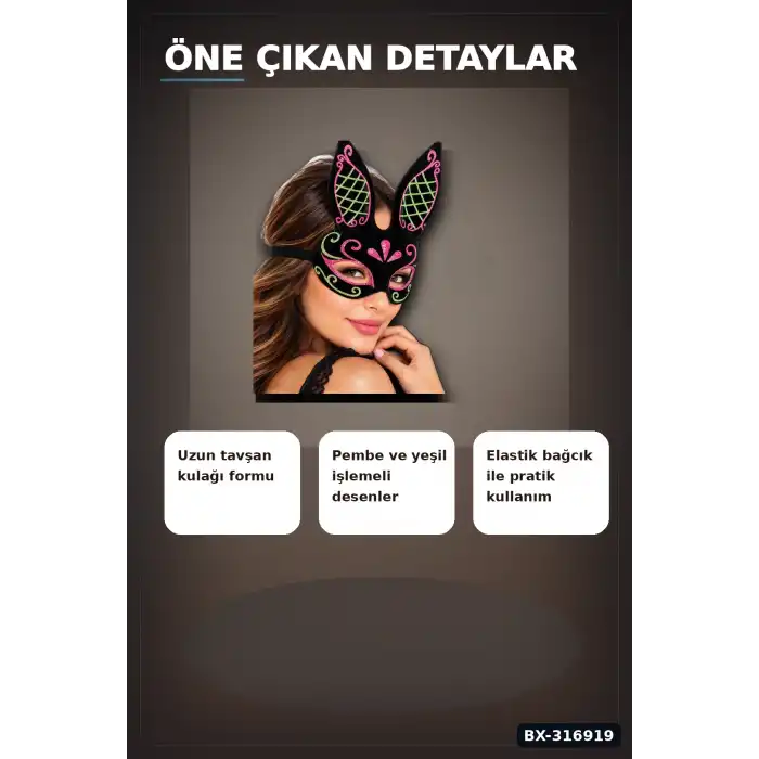 Tavşan Maskesi Pembe Yeşil İşlemeli Süet Kaplama Parti Kostüm Aksesuarı BX-316919