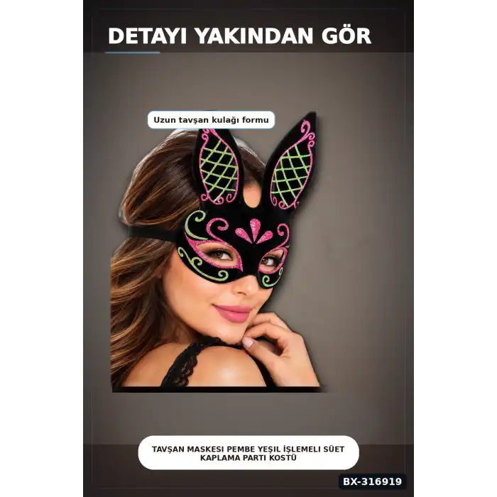 Tavşan Maskesi Pembe Yeşil İşlemeli Süet Kaplama Parti Kostüm Aksesuarı BX-316919