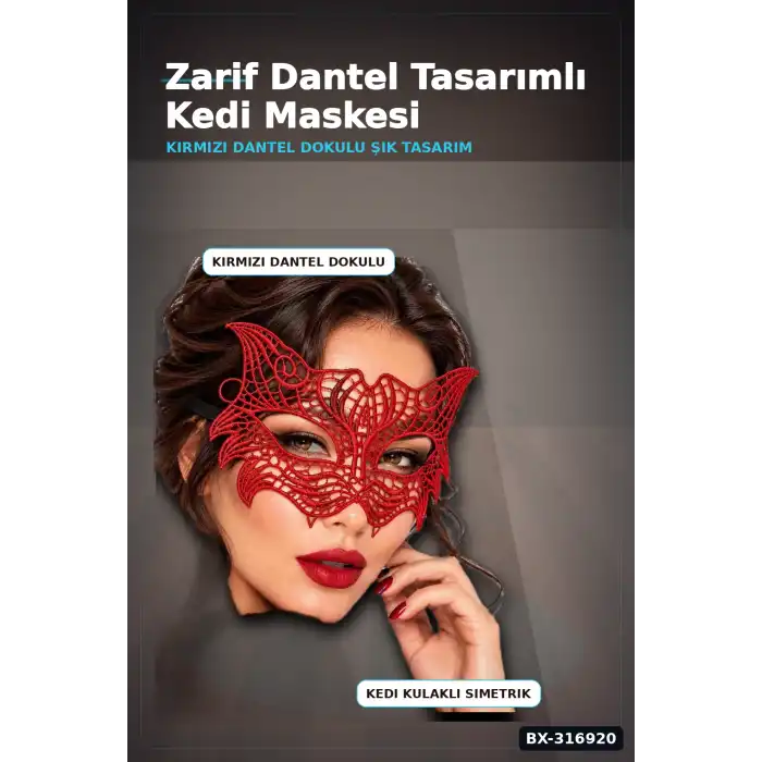 Kedi Maskesi Kırmızı Dantel Venedik Balo Kostüm Parti Aksesuarı, Lastikli Tekli BX-316920