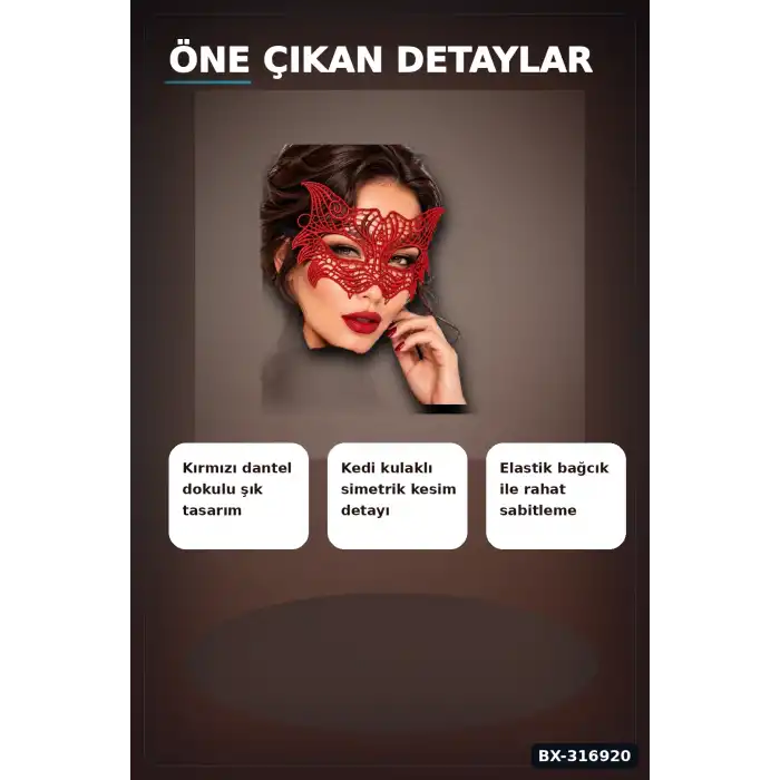 Kedi Maskesi Kırmızı Dantel Venedik Balo Kostüm Parti Aksesuarı, Lastikli Tekli BX-316920