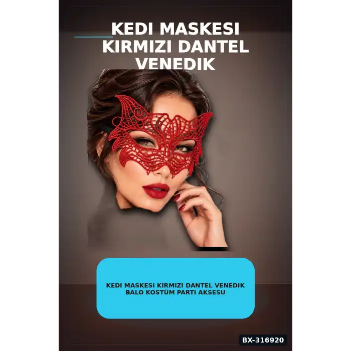 Kedi Maskesi Kırmızı Dantel Venedik Balo Kostüm Parti Aksesuarı, Lastikli Tekli BX-316920