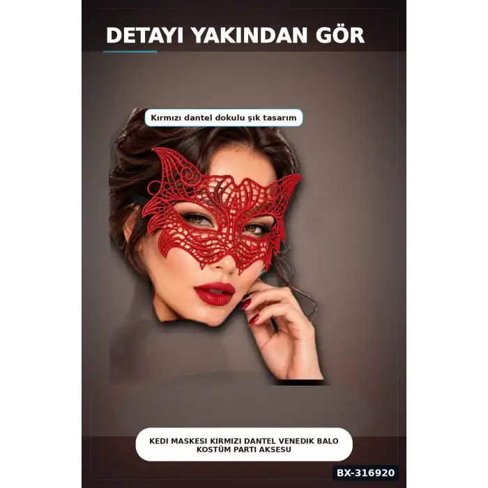 Kedi Maskesi Kırmızı Dantel Venedik Balo Kostüm Parti Aksesuarı, Lastikli Tekli BX-316920