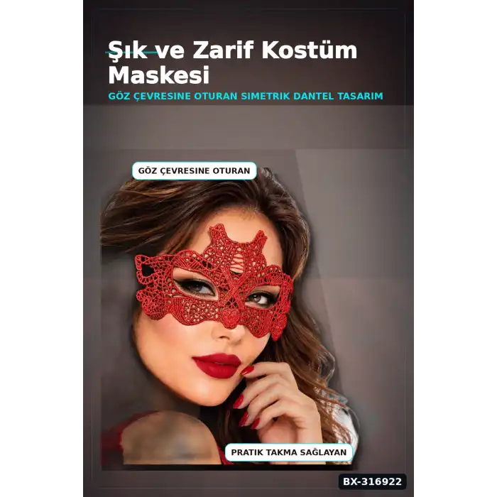 Kırmızı Sultan Balo Maskesi - Dantel İşlemeli Venedik Kostüm Parti Aksesuarı BX-316922