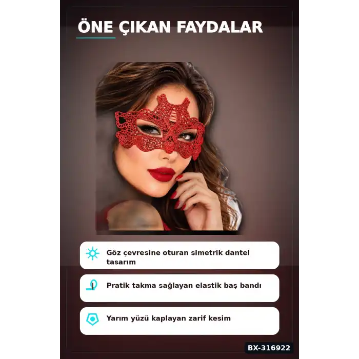 Kırmızı Sultan Balo Maskesi - Dantel İşlemeli Venedik Kostüm Parti Aksesuarı BX-316922