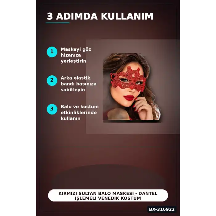 Kırmızı Sultan Balo Maskesi - Dantel İşlemeli Venedik Kostüm Parti Aksesuarı BX-316922