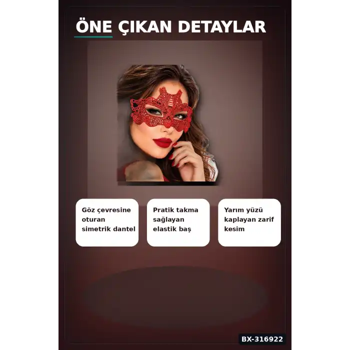 Kırmızı Sultan Balo Maskesi - Dantel İşlemeli Venedik Kostüm Parti Aksesuarı BX-316922