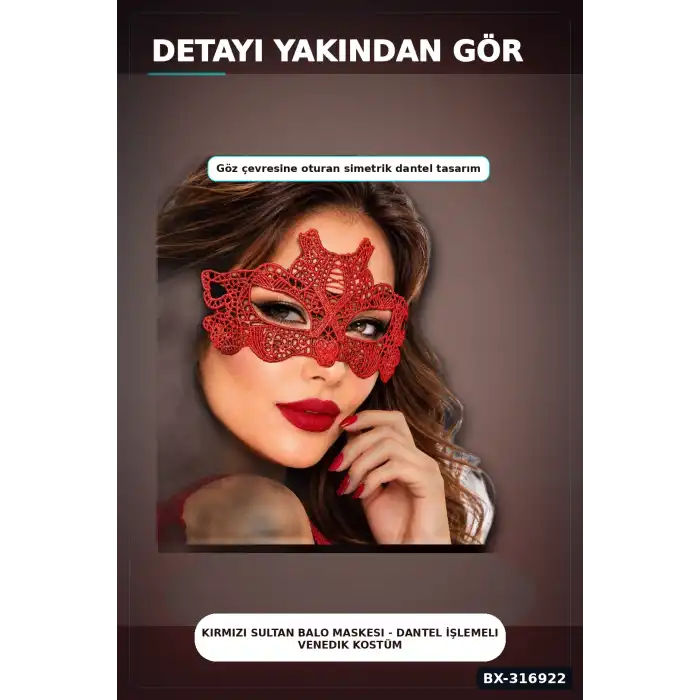 Kırmızı Sultan Balo Maskesi - Dantel İşlemeli Venedik Kostüm Parti Aksesuarı BX-316922