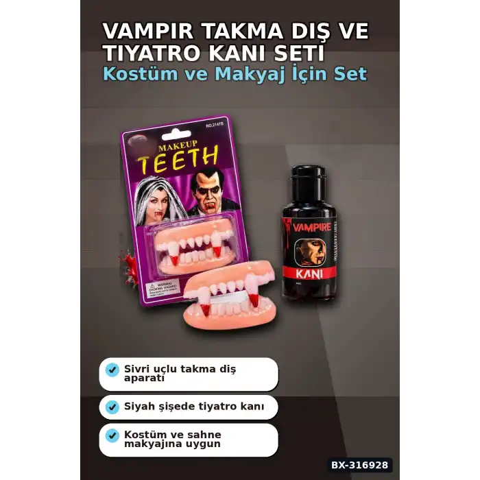 Vampir Takma Diş Ve Tiyatro Kanı Kostüm Aksesuar Seti, 2 Parça BX-316928