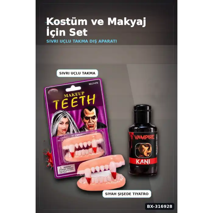 Vampir Takma Diş Ve Tiyatro Kanı Kostüm Aksesuar Seti, 2 Parça BX-316928