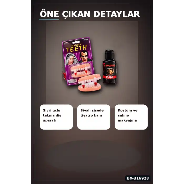 Vampir Takma Diş Ve Tiyatro Kanı Kostüm Aksesuar Seti, 2 Parça BX-316928