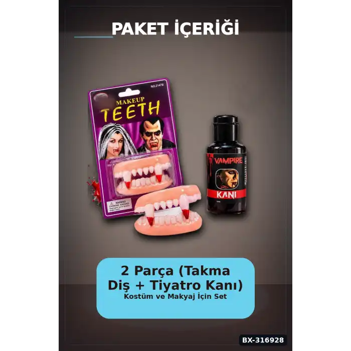 Vampir Takma Diş Ve Tiyatro Kanı Kostüm Aksesuar Seti, 2 Parça BX-316928