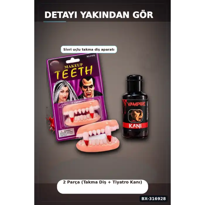 Vampir Takma Diş Ve Tiyatro Kanı Kostüm Aksesuar Seti, 2 Parça BX-316928