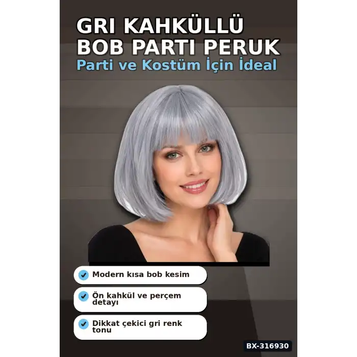 Gri Küt Parti Peruğu Kahküllü Bob Kesim Sentetik Kostüm Peruk Yetişkin BX-316930