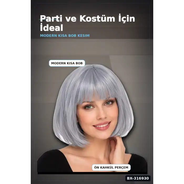 Gri Küt Parti Peruğu Kahküllü Bob Kesim Sentetik Kostüm Peruk Yetişkin BX-316930