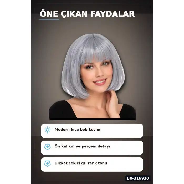 Gri Küt Parti Peruğu Kahküllü Bob Kesim Sentetik Kostüm Peruk Yetişkin BX-316930