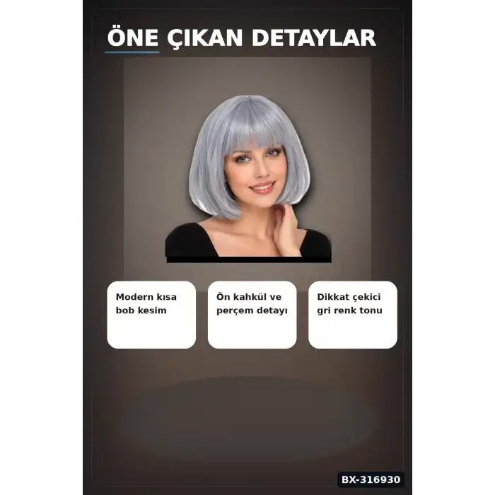 Gri Küt Parti Peruğu Kahküllü Bob Kesim Sentetik Kostüm Peruk Yetişkin BX-316930