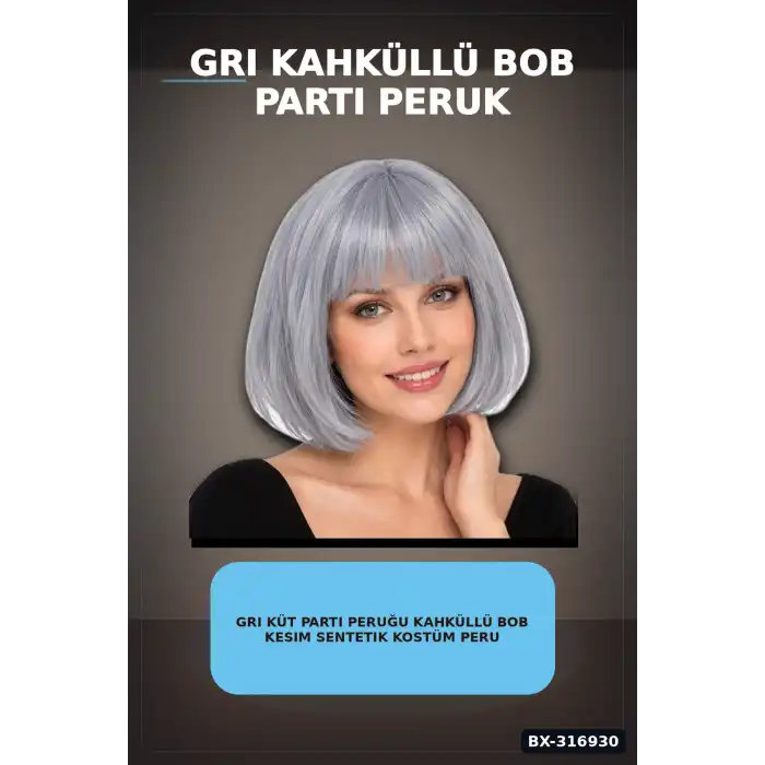 Gri Küt Parti Peruğu Kahküllü Bob Kesim Sentetik Kostüm Peruk Yetişkin BX-316930