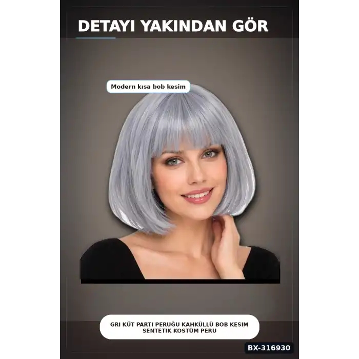 Gri Küt Parti Peruğu Kahküllü Bob Kesim Sentetik Kostüm Peruk Yetişkin BX-316930