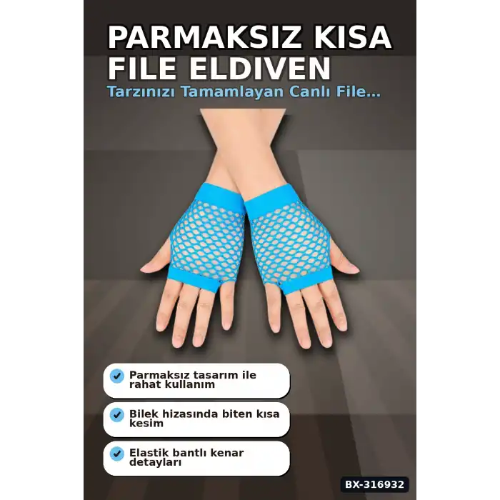 File Parmaksız Kısa Eldiven Turkuaz Mavi 11 cm Retro Parti Kostüm Aksesuarı BX-316932