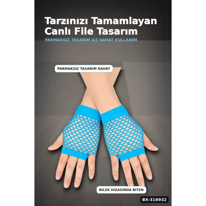 File Parmaksız Kısa Eldiven Turkuaz Mavi 11 cm Retro Parti Kostüm Aksesuarı BX-316932