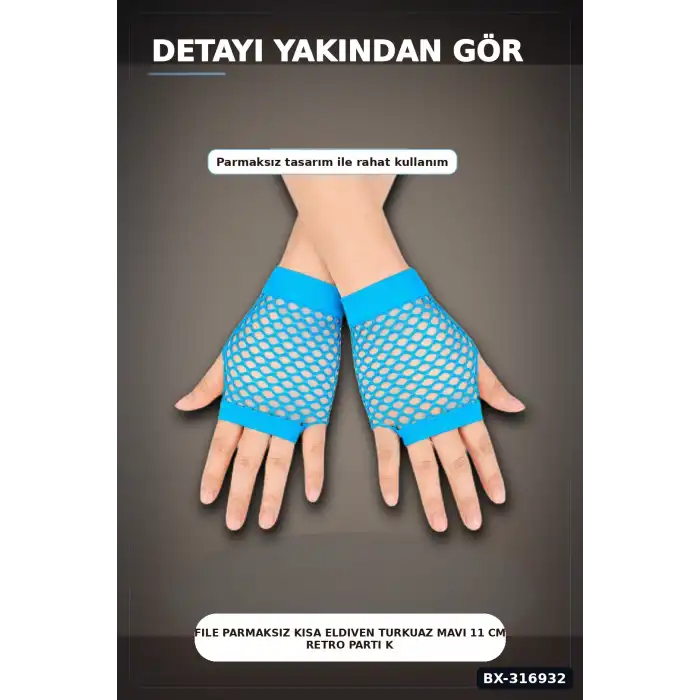 File Parmaksız Kısa Eldiven Turkuaz Mavi 11 cm Retro Parti Kostüm Aksesuarı BX-316932