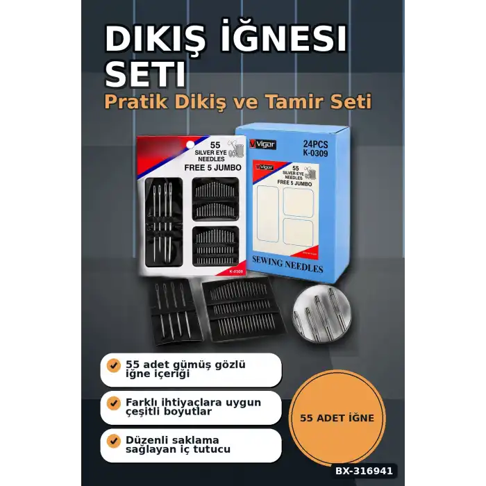 Dikiş İğnesi ve Yorgan İğnesi Seti 55 Parça - 5 Jumbo Yorgan 50 El Dikiş İğne BX-316941