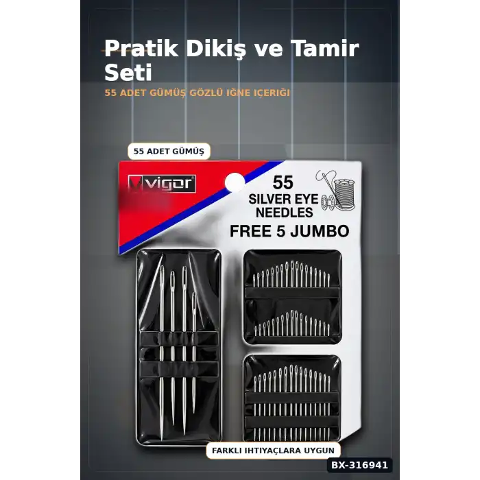 Dikiş İğnesi ve Yorgan İğnesi Seti 55 Parça - 5 Jumbo Yorgan 50 El Dikiş İğne BX-316941