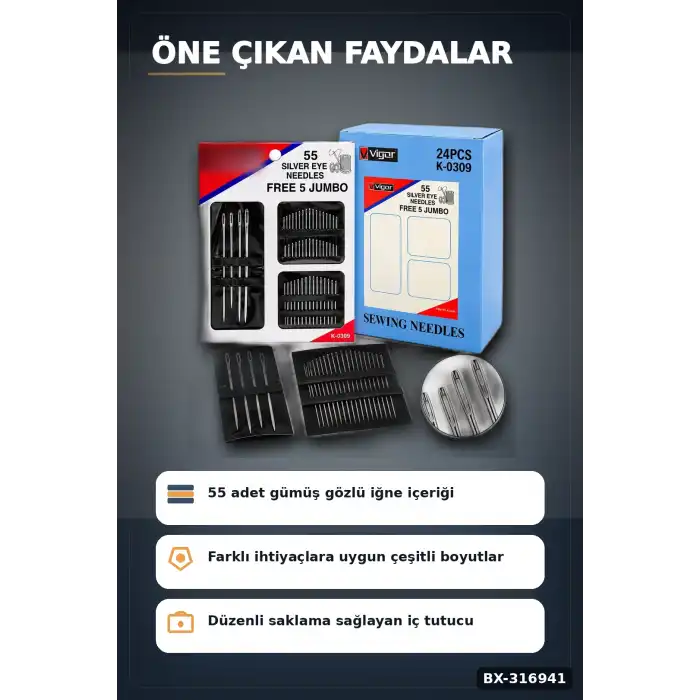 Dikiş İğnesi ve Yorgan İğnesi Seti 55 Parça - 5 Jumbo Yorgan 50 El Dikiş İğne BX-316941