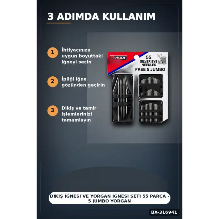 Dikiş İğnesi ve Yorgan İğnesi Seti 55 Parça - 5 Jumbo Yorgan 50 El Dikiş İğne BX-316941