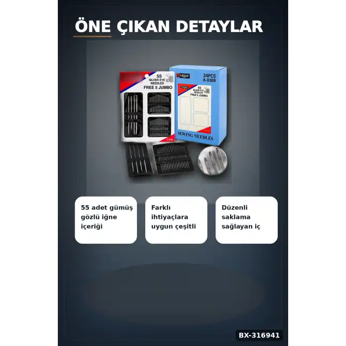Dikiş İğnesi ve Yorgan İğnesi Seti 55 Parça - 5 Jumbo Yorgan 50 El Dikiş İğne BX-316941