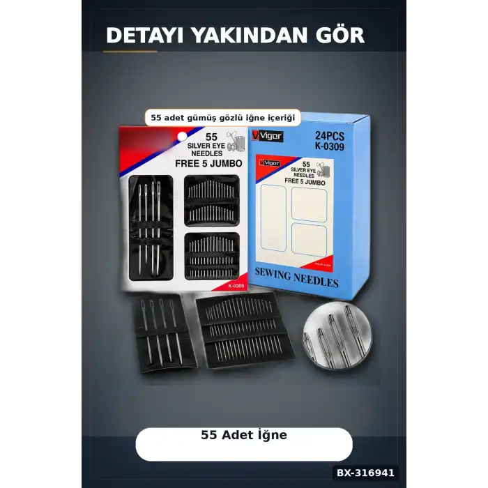 Dikiş İğnesi ve Yorgan İğnesi Seti 55 Parça - 5 Jumbo Yorgan 50 El Dikiş İğne BX-316941
