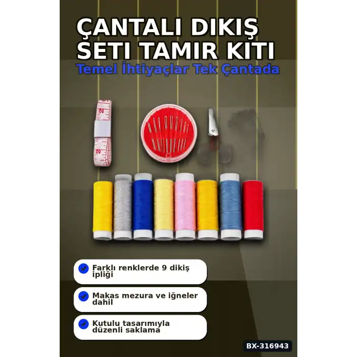Çantalı Dikiş Seti İplik Mezura Tekstil Makası İğne ve Yüzük Tamir Kiti BX-316943