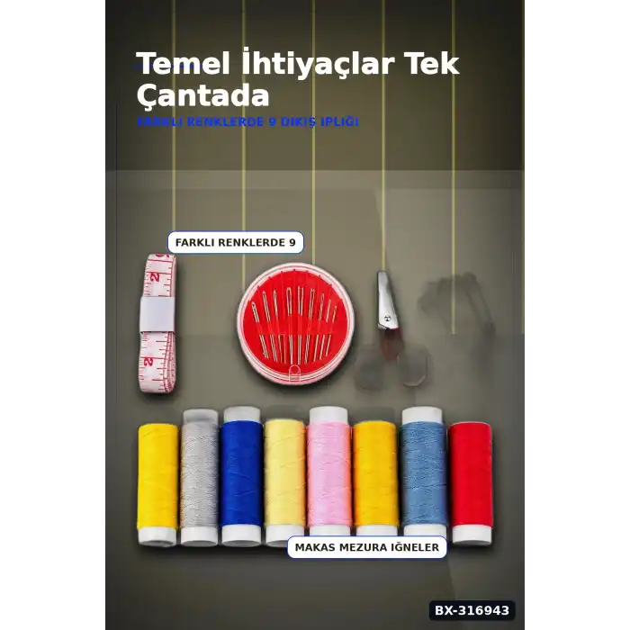 Çantalı Dikiş Seti İplik Mezura Tekstil Makası İğne ve Yüzük Tamir Kiti BX-316943