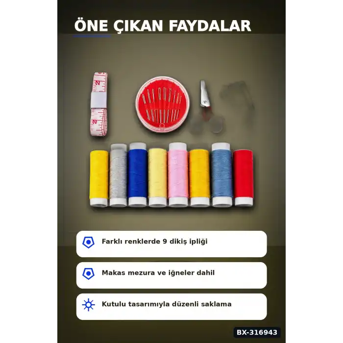 Çantalı Dikiş Seti İplik Mezura Tekstil Makası İğne ve Yüzük Tamir Kiti BX-316943