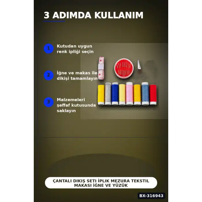 Çantalı Dikiş Seti İplik Mezura Tekstil Makası İğne ve Yüzük Tamir Kiti BX-316943