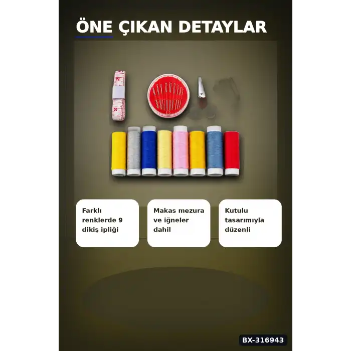 Çantalı Dikiş Seti İplik Mezura Tekstil Makası İğne ve Yüzük Tamir Kiti BX-316943