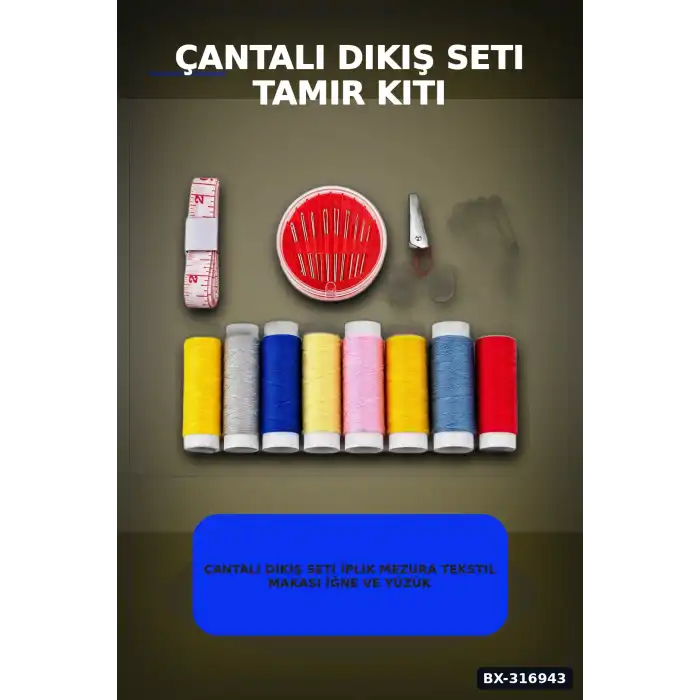 Çantalı Dikiş Seti İplik Mezura Tekstil Makası İğne ve Yüzük Tamir Kiti BX-316943