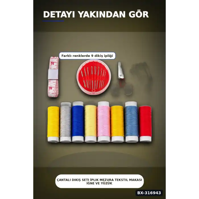 Çantalı Dikiş Seti İplik Mezura Tekstil Makası İğne ve Yüzük Tamir Kiti BX-316943