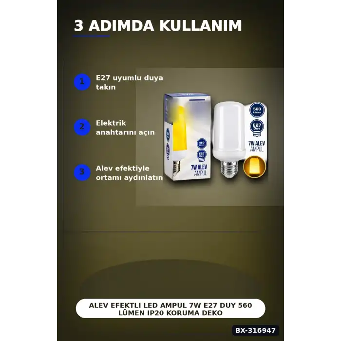Alev Efektli LED Ampul 7W E27 Duy 560 Lümen IP20 Koruma Dekoratif Lamba BX-316947
