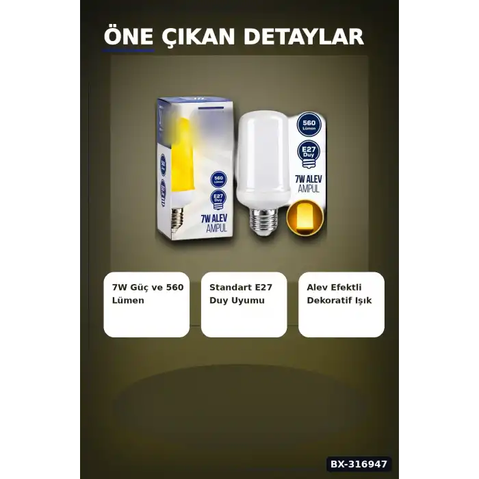 Alev Efektli LED Ampul 7W E27 Duy 560 Lümen IP20 Koruma Dekoratif Lamba BX-316947