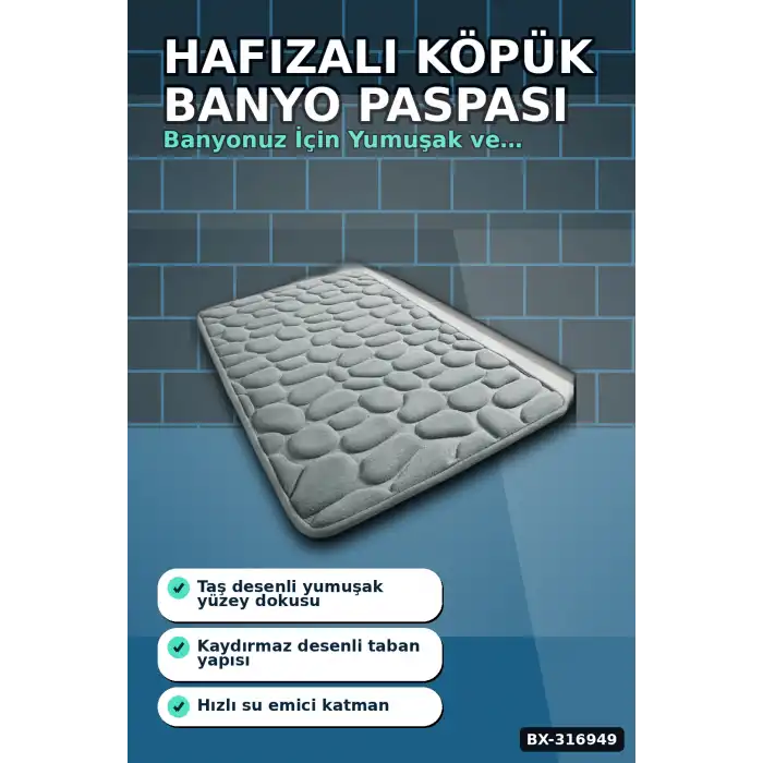 Hafızalı Köpük Banyo Paspası Gri Kaydırmaz Tabanlı Emici Ayak Paspas 1 Adet BX-316949