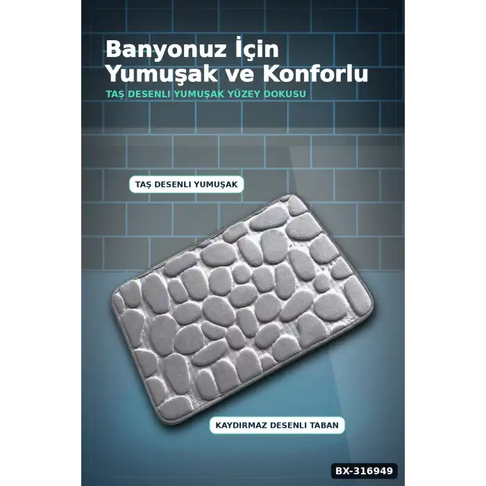 Hafızalı Köpük Banyo Paspası Gri Kaydırmaz Tabanlı Emici Ayak Paspas 1 Adet BX-316949